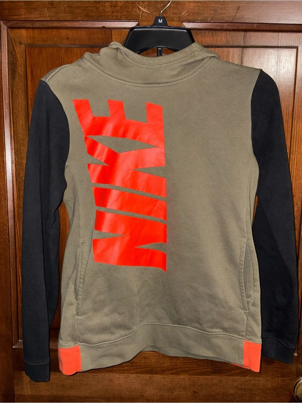 Kids Nike Olive Green & Black Hoodie with Bright Orange Logo